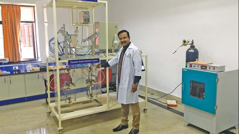 Dr C.Anandharamakrishnan, director, IIFPT explaining the artificial small intestine system developed by IIFPT and CFTRI of Mysuru.  (Image: DC)