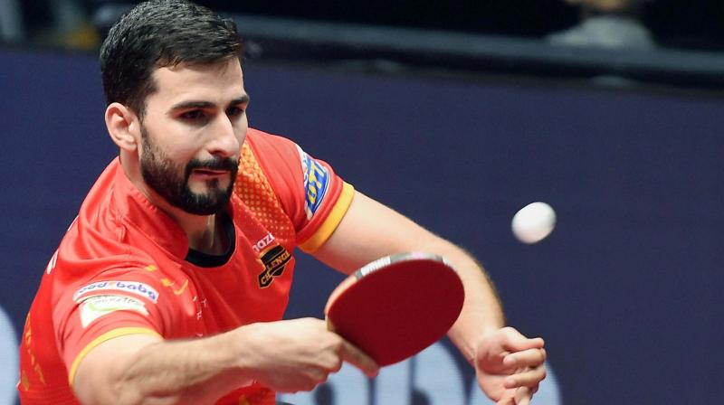 Shaze Challengers player Andrej Gacina in action during the CEAT Ultimate Table Tennis in Mumbai on Thursday. (Photo: PTI)