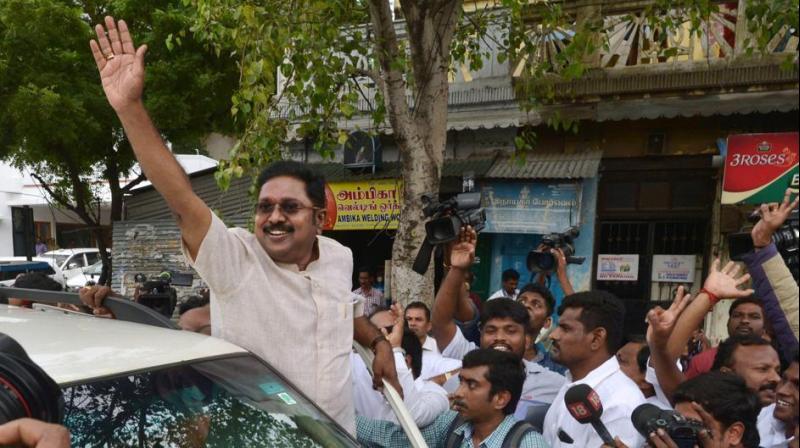 Dhinakaran polled 5,339 votes as against AIADMKs E Madhusudhanan (2,738). N Maruthuganesh of DMK polled 1,181 votes. (Photo: PTI)