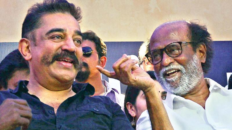 Kamal Haasan along with Rajinikanth at a protest in Chennai on Sunday in support of ongoing agitations in Tamil Nadu for the constitution of the Cauvery Management Board  (Photo: DC)