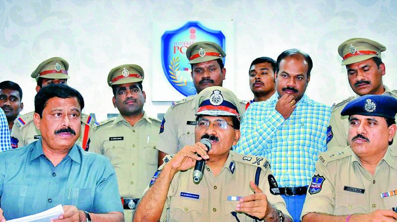 Hyderabad police commissioner M. Mahender Reddy announcing the arrests of the suspects who were responsible for the suicide of beautician Sirisha.