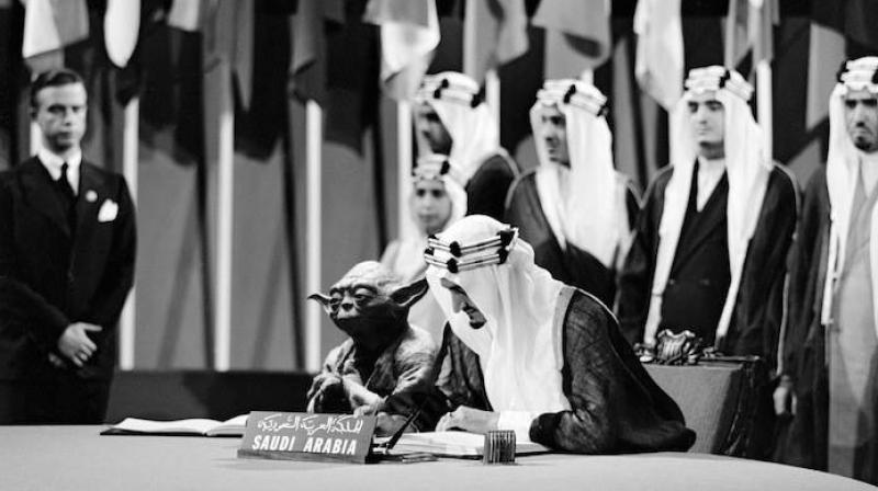 The image produced by Saudi artist Abdullah Al Shehri, known as Shaweesh , shows the late King Faisal with Yoda seated to his right. (Photo: Facebook/Mark Johansson)