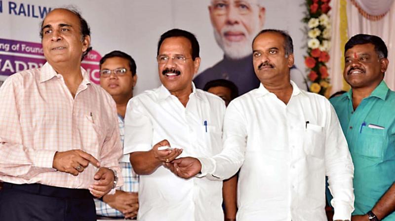 Union Minister D.V. Sadananda Gowda lays foundation stone for railway quadrupling project between Bengaluru Cantonment and Whitefield in Bengaluru on Saturday.