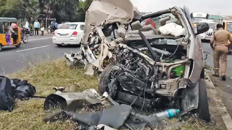 As per the CCTV footages recovered a lorry had hit the Innova car which then scaled the median and jutted to the other side of the carriageway. Then container lorry coming on the other side rammed the vehicle again.(Photo: DC)