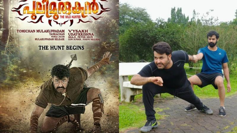 (L-R) Mohanlal in Pulimurugan poster, with his son Pranav.