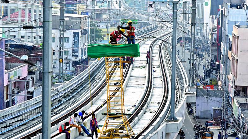 Hyderabad Metro Rail works progressing at Madhapur.  (Photos: S. Surender Reddy)