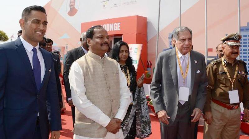 Former cricket team captain M.S. Dhoni (from left) along with Chief Minister Raghubar Das and Ratan Tata at the Momentum Jharkhand investors summit in Ranchi on Thursday.