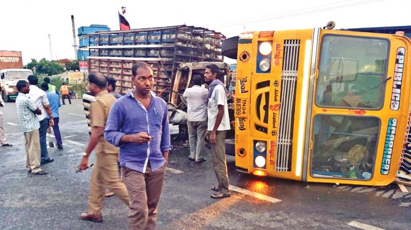 Three including the driver of a mini-lorry had died after the lorry rammed on a container lorry on Bengaluru - Chennai Highway on Wednesday early morning. (Photo: DC)