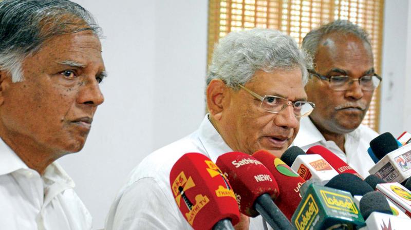 The Communist Party of India (Marxist), general secretary Sitaram Yechury address the media on Wednesday. State president of CPI(M) K Balakrishnan also seen at the meeting. (Photo: DC)