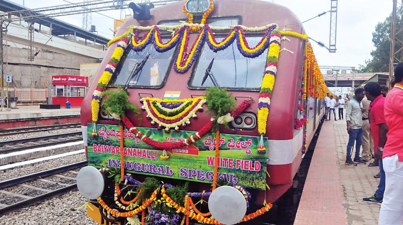 The DEMU train between Byappanahalli and Whitefield that was inaugarated by Railway Minister Suresh Prabhu through video link, in Bengaluru on Friday. (Photo: DC)