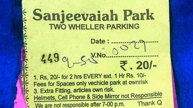 The parking slip that was issued by the parking person at Sanjeevaiah park even after his tender with the HMDA expired one year ago.