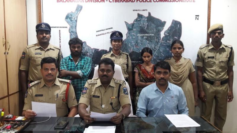 The suspects with the police.Tulasi along with Veerababu strangulated Shankar and told neighbours that he died of heart attack. Balanagar police arrested the duo on Friday.