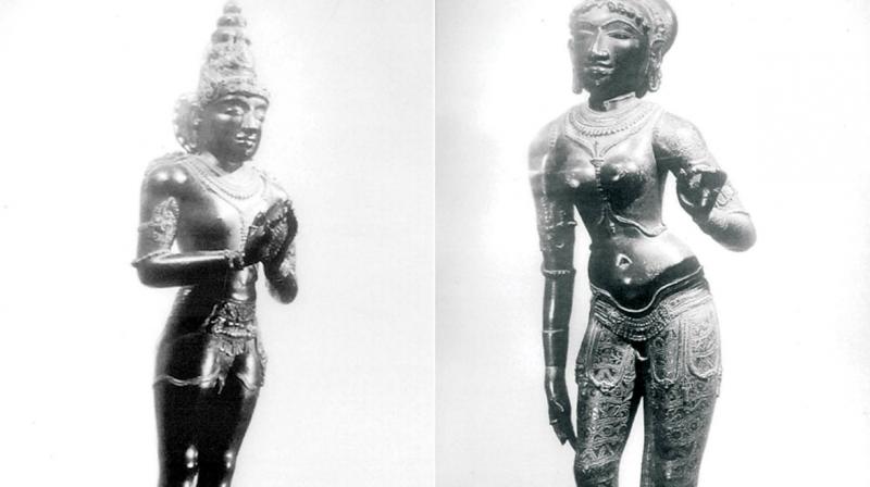 Panchaloha idols of King Raja Raja Chola and his wife Lokamadevi, which went missing from  Big Temple at Thanjavur 50 years ago.   	DC