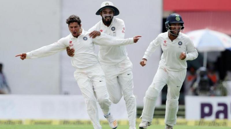 Kuldeep Yadav troubled the Australian batsmen with his left-arm chinaman style of bowling, in the Dharamsala Test. (Photo: BCCI)