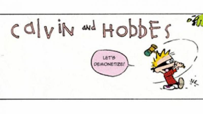 Ashok created these brilliant Calvin and Hobbes panel, replacing the original dialogue bubbles with those relevant to demonetisation. (Photo: Twitter)