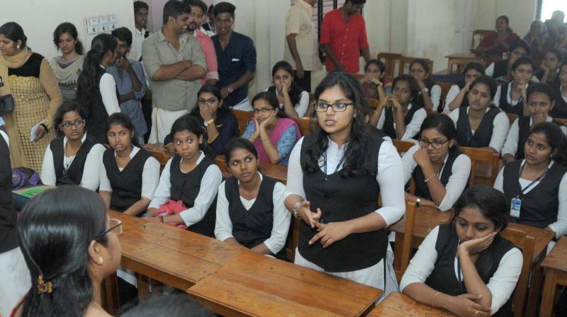 National Womens Commission member Sushma Sahu listens to a student of Law Academy Law College during the hearing held at the college campus in Thiruvananthapuram on Monday. (Photo: DC)