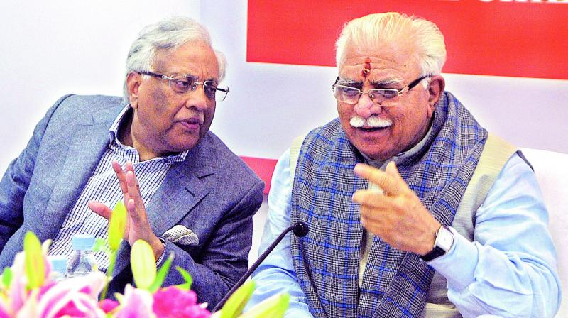 Haryana Chief Minister Manohar Lal Khattar with  Mayar Group of Companies Chairman Ajit Kumar Sud (left) during the inauguration ceremony of Keystone Knowledge Park in Sohna Haryana on Monday. (Photo: DC)