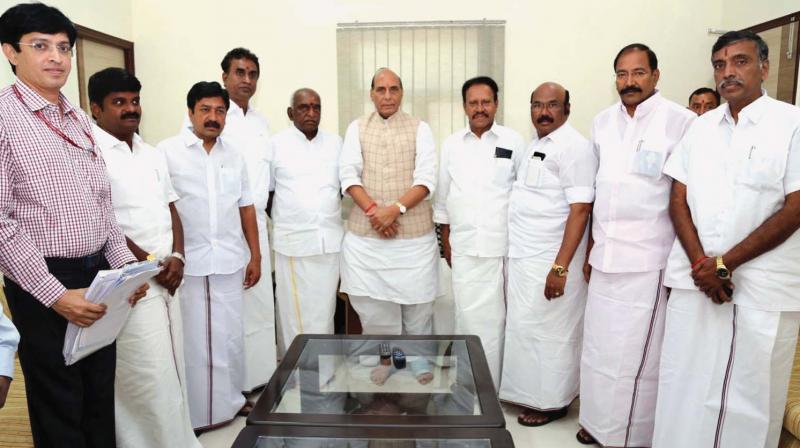 Tamil Nadu ministers meet home minister Rajnath Singh in New Delhi on Monday. (Photo: DC)