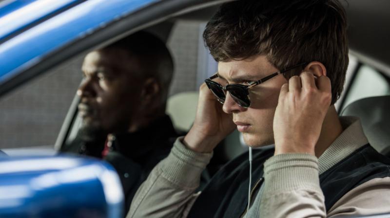 Jamie Foxx and Ansel Elgort in a car chase scene from Baby Driver.