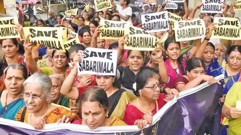 Women protest after entry to Sabarimala is denied despite SC order.(File photo)
