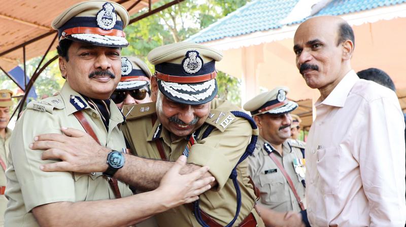 DGP Rajesh Dewan who retired on Monday shares a light moment with his batchmates and DGPs Shanker Reddy and A. Hemachandran during the farewell ceremony on Monday in Thiruvananthapuram.  (Photo:Peethambaran Payyeri)