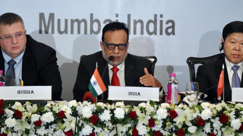 The Revenue Secretary, Dr Hasmukh Adhia(C),Russia Federal Tax Service Deputy Commissioner Alexey L Overchuck, Commissioner of the State Administration of Taxation (SAT) of China, Jun Wang (R) during the meeting of Heads of Revenue of BRICS countries. (Photo: PTI)
