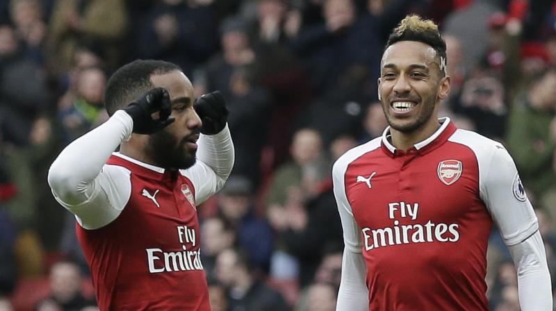 Pierre-Emerick Aubameyang scored the first two, including a penalty opener while substitute Alexandre Lacazette netted the third, also from the spot, after he had been fouled. (Photo: AP)