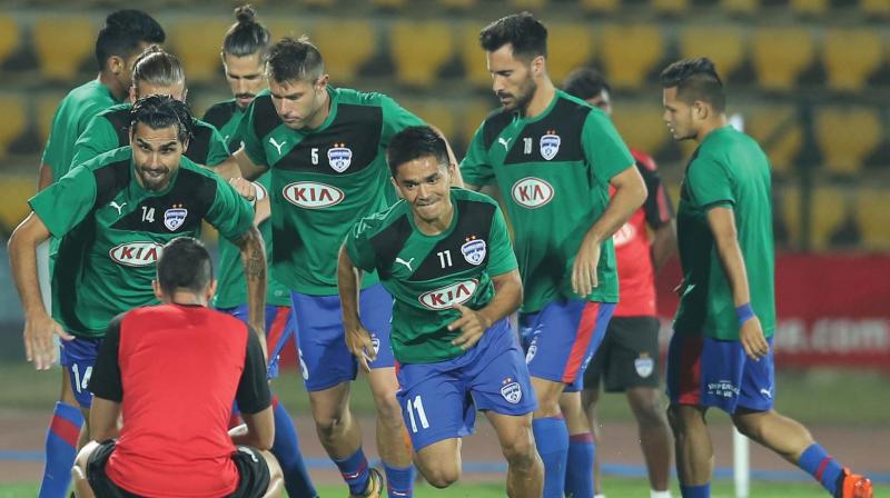 Bengaluru FC players train ahead of the game against Mumbai City FC.