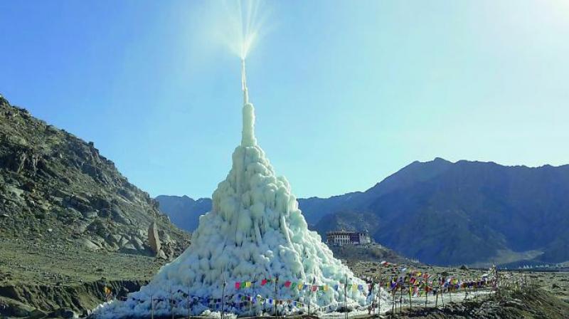 Out of nothing: One of the ice stupas in Ladakh, built by Sonam Wangchuk.