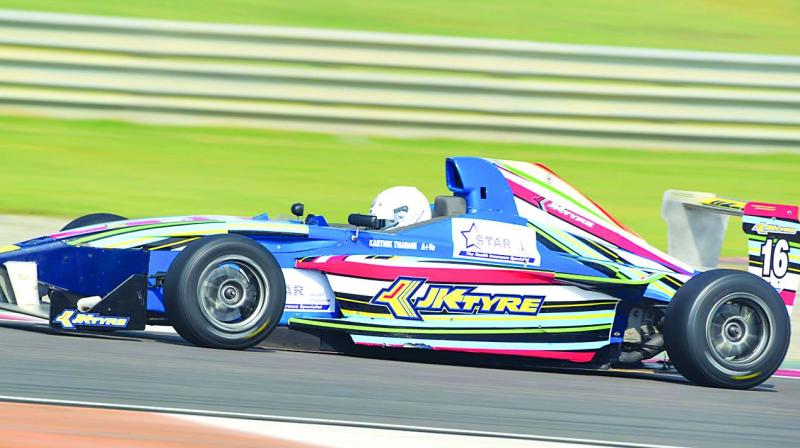 Chennais Karthik Tharani sealed the Day 1 of the JK Tyre National Racing Championship grand finale at the Buddh International Circuit in Greater Noida on Saturday.