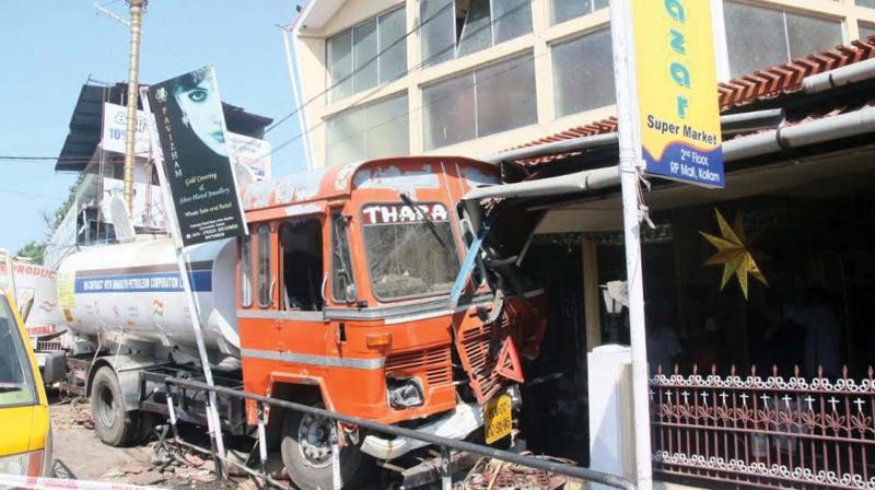 The diesel tanker that lost control and rammed into a chapel on the national highway in Kollam on Friday. 	BY ARRANGEMENT