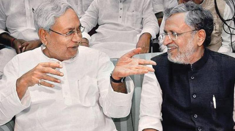 Sushil Modi (R) asserted that the NDA will win all 40 seats in Bihar in 2019, saying the opposition RJD-Congress alliance has weakened after Kumar left it to join the NDA and 70 per cent voters are with the ruling alliance. (Photo: File)