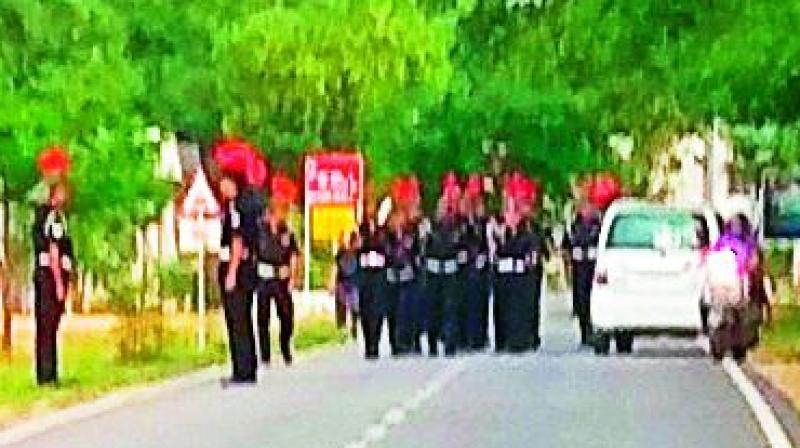 Army men carry out drill on Hanuman temple to Golf Course road in Secunderabad (Photo: DC)