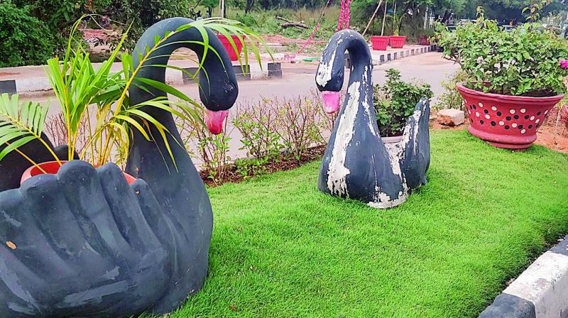 The bird-shaped planters at Hitex Road in the IT corridor in Hyderabad have been defaced, or are in urgent need of maintenance.