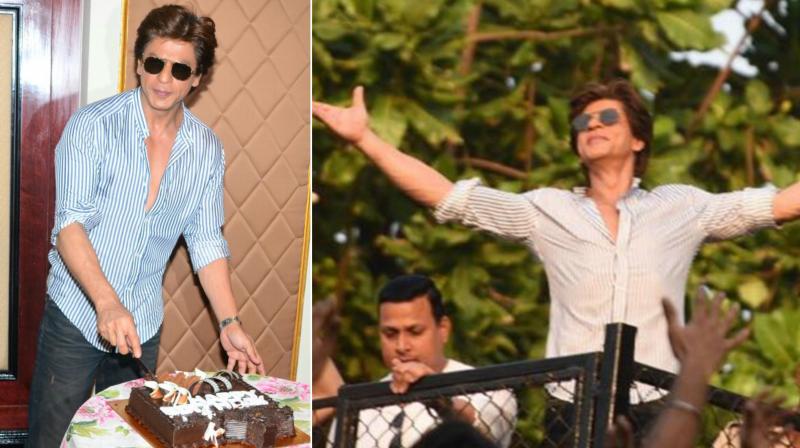 Shah Rukh Khan cutting the cake during his birthday celebration with media (L) and doing his iconic pose for fans outside his house, Mannat (R).