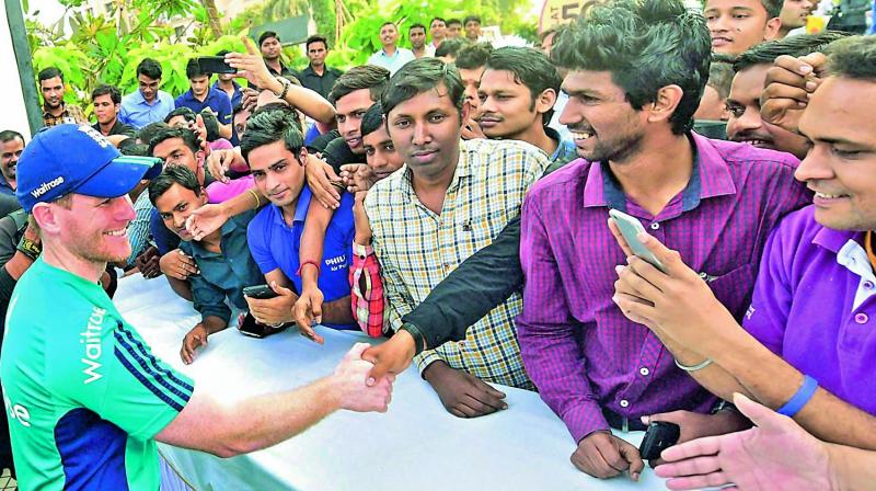 Englands limited-overs captain Eoin Morgan interacts with fans during a promotional event in Mumbai. (Photo: AP)