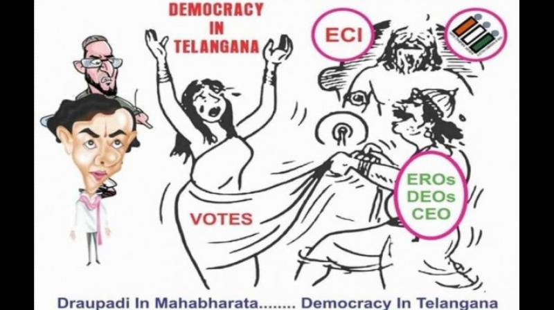The poster was titled Democracy in Telangana shows voters as Draupadi being disrobed by the Election Commission of India (ECI), which is shown as the Kauravas and Telangana Chief Minister K Chandrasekhar Rao and Asaduddin Owaisi, standing on either side as silent spectators. (Photo: ANI | Twitter)