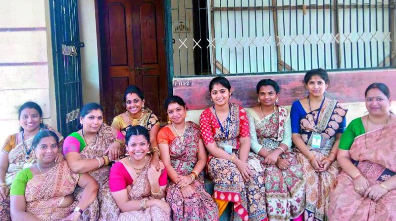 Kuchipudi dancers at department of performing arts, Krishna University, wearing Kalamkari saris.   (Image: DC)