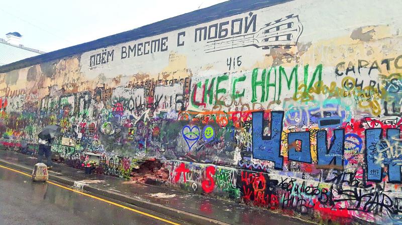 The wall of the Arbat Street in Moscow dedicated to the late Soviet era rock star, Viktor Tsoi.