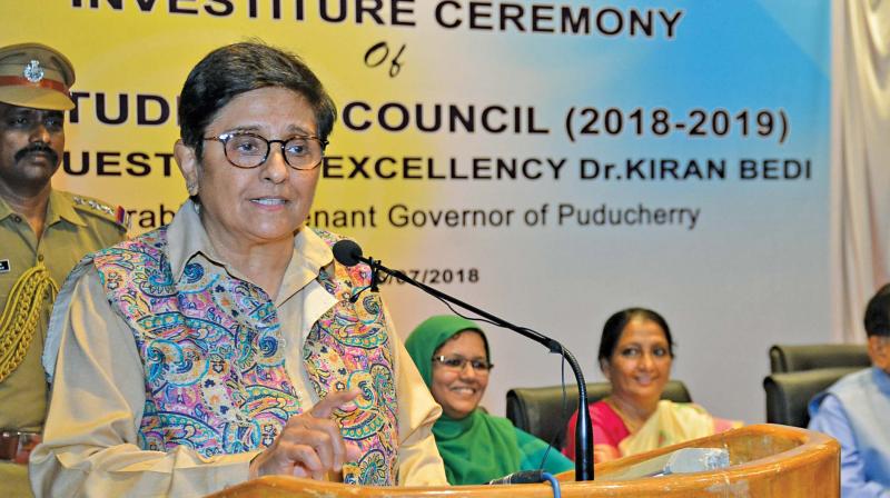 Puducherry Lieutenant Governor Kiran Bedi addresses students at Justice Basheer Ahmed Sayeed College for Women at the annual investiture ceremony of the institution on Thursday. (Photo: DC)