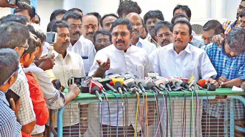 TTV Dhinakaran addresses the media after coming out of Assembly on Thursday.  (Photo: DC)