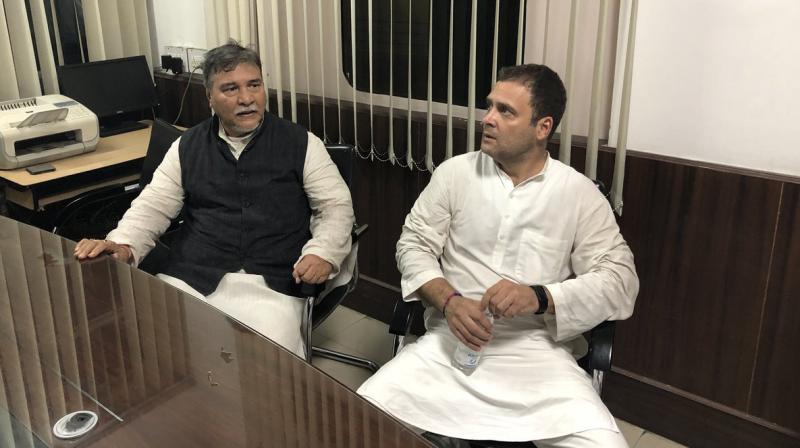 Congress president Rahul Gandhi and other leaders in Lodhi Colony Police Station. (Photo: Twitter | @rssurjewala)