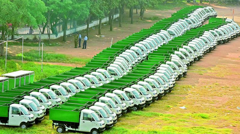 A file photo of the Swachh autos that were procured by the GHMC for door-to-door garbage collection. (Photo: DC)