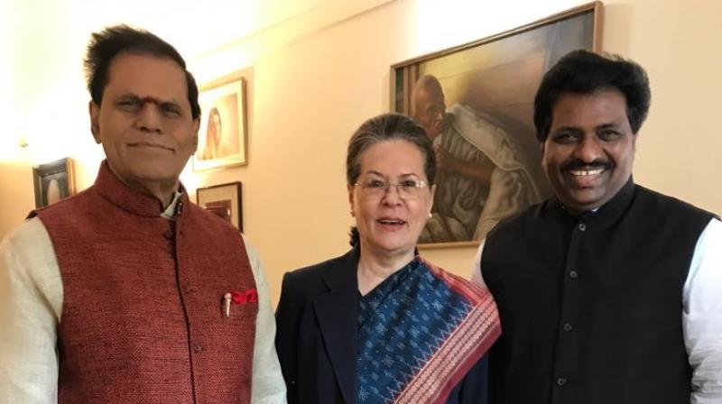 Congress MP T. Subbarami Reddy and Kerala MP K. Suresh with Congress president Sonia Gandhi after greeting her on her birthday in New Delhi on Friday.