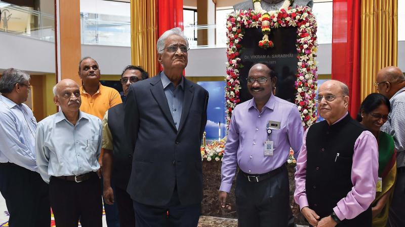 Isro chairman Dr Kailasavadivoo Sivan (2nd R) and former Isro chairman and advisor K. Kasturirangan (extreme R) among others during the unveiling of Dr Vikram A. Sarabhais bust at Antariksh Bhavan, in Bengaluru on Sunday (Photo: PTI)