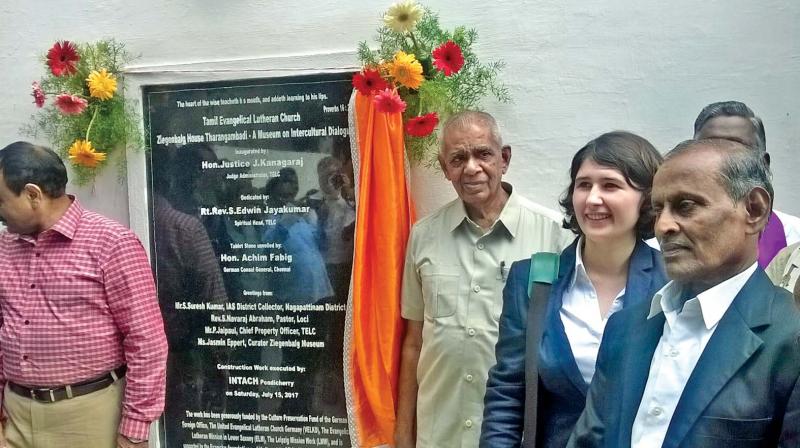 Ms.Lisa  Eichhorn, Consulate Attache, Consulate General of the Federal Republic of Germany, Chennai unveiled the plaque marking the inauguration of Ziegenbalg museum at Tharangampadi on Saturday.