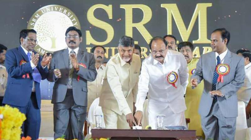 Andhra Pradhesh Chief Minister N. Chandrababu Naidu and union minister for urban development  M. Venkaiah Naidu inaugurate the SRM University, AP at Amaravati on Saturday. (Photo: DC)