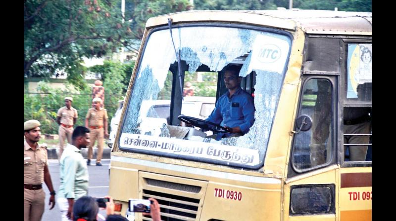 Stones were pelted on buses, windshields were broken and passengers were forced to disembark in the middle of the road.