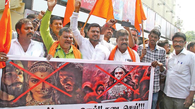 Cadres of Hindu outfit Sri Ram Sena protest against Padmaavat movie near Satyam cinemas in Chennai,on Thursday. 	 DC