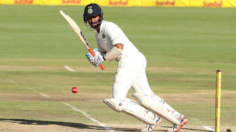 Cheteshwar Pujara plays a shot against South Africa on Tuesday. (Photo: BCCI)